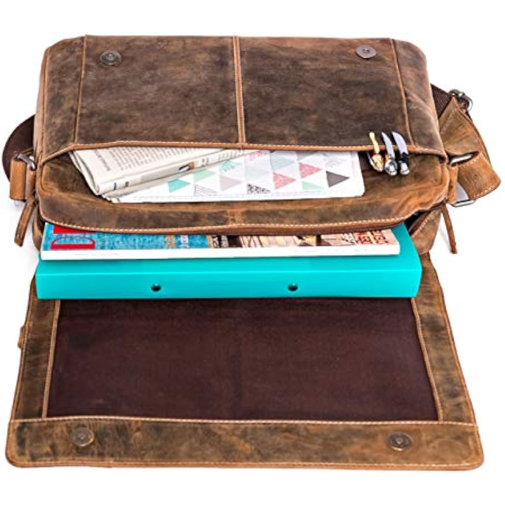 ALMADIH Dylan Leather Messenger Bag – 15" Laptop Shoulder Bag in Brown