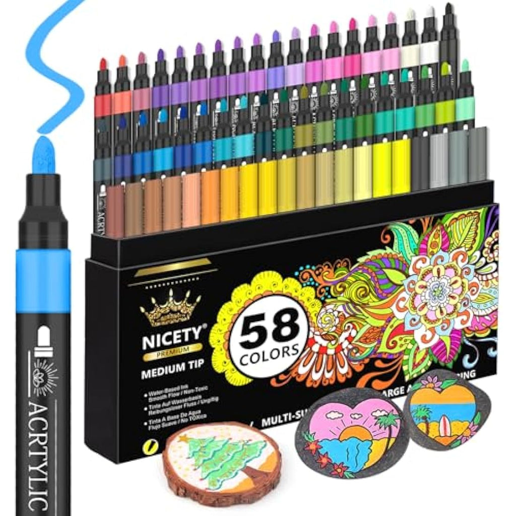 NICETY Acrylic Paint Pens - 58 Colors 3mm Medium Tip Markers for Rock Art