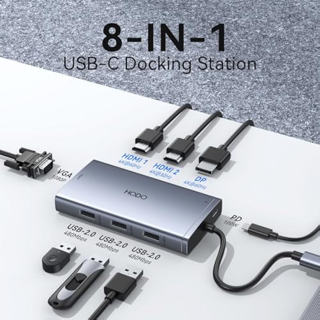 HODO 8-in-1 USB C Docking Station – Dual HDMI 4K, DP, VGA & 100W PD