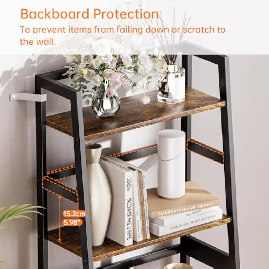 HITNET 4-Tier Ladder Shelf | Bamboo Frame Bookshelf in Rustic Brown