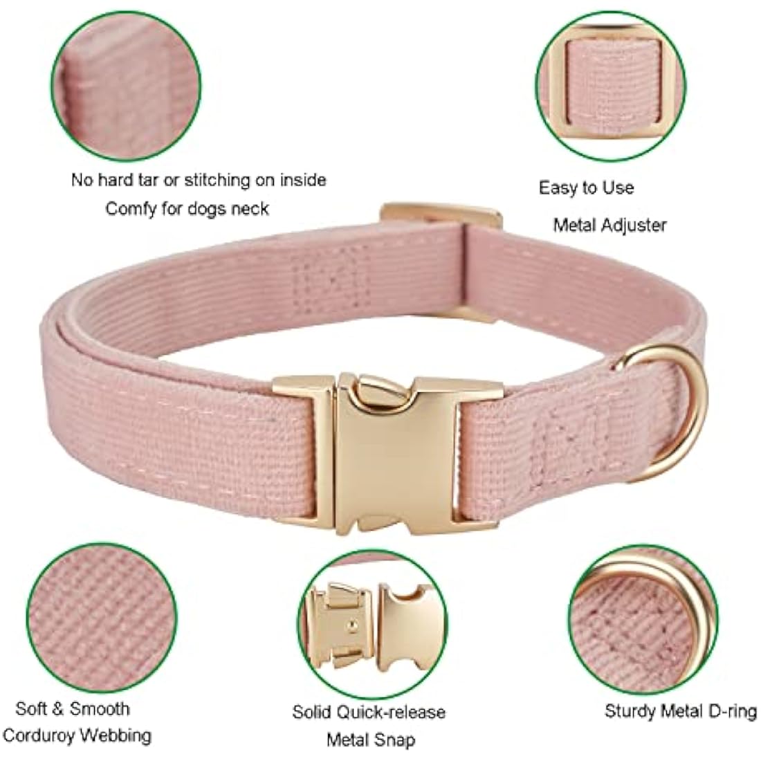 YUDOTE Soft Cotton Corduroy Dog Collar for Sensitive Skin - Dusty Pink