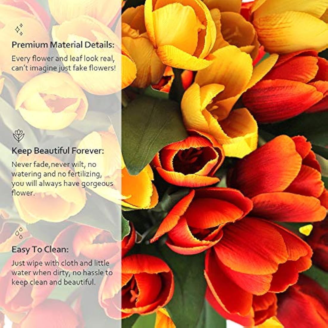 SnailGarden 36 Pcs Faux Silk Tulips - 13.8" Red & Yellow Floral Decor