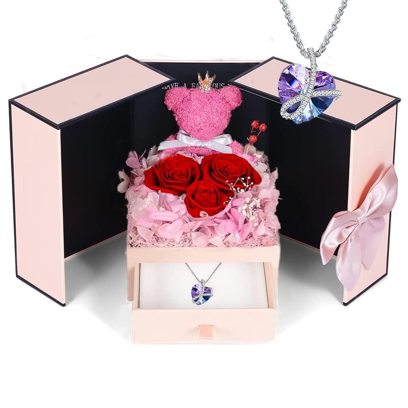Firestyle Preserved Red Rose Moss Bear with Purple Heart Necklace Gift Box