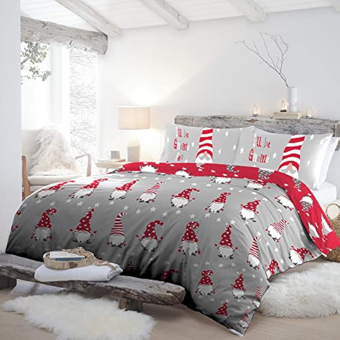 Jolof Store Xmas Gnome Silver Brushed Cotton Single Duvet Cover Set