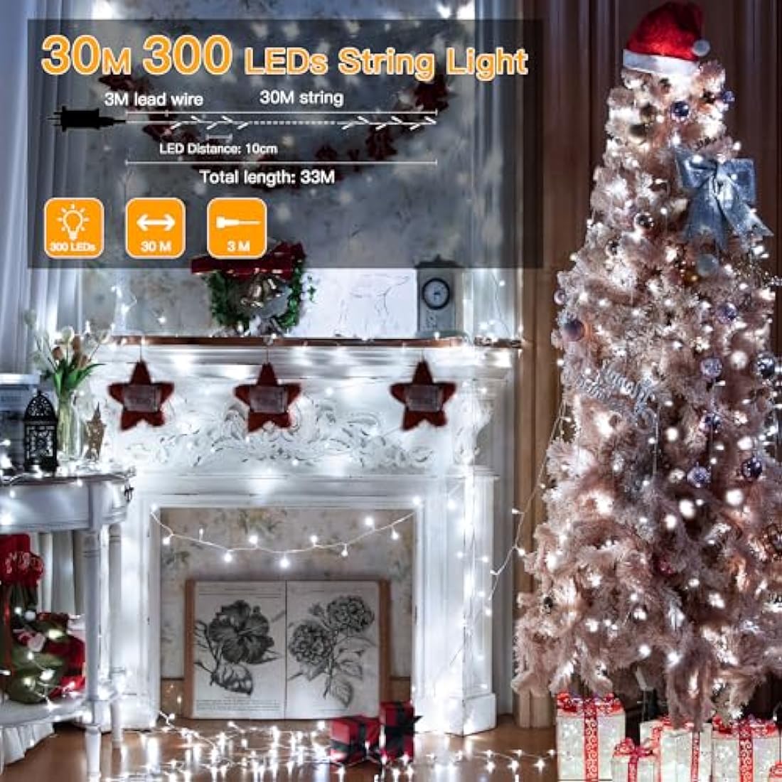 Ollny 30m 300 LED Fairy Lights | Cool White Waterproof Outdoor String