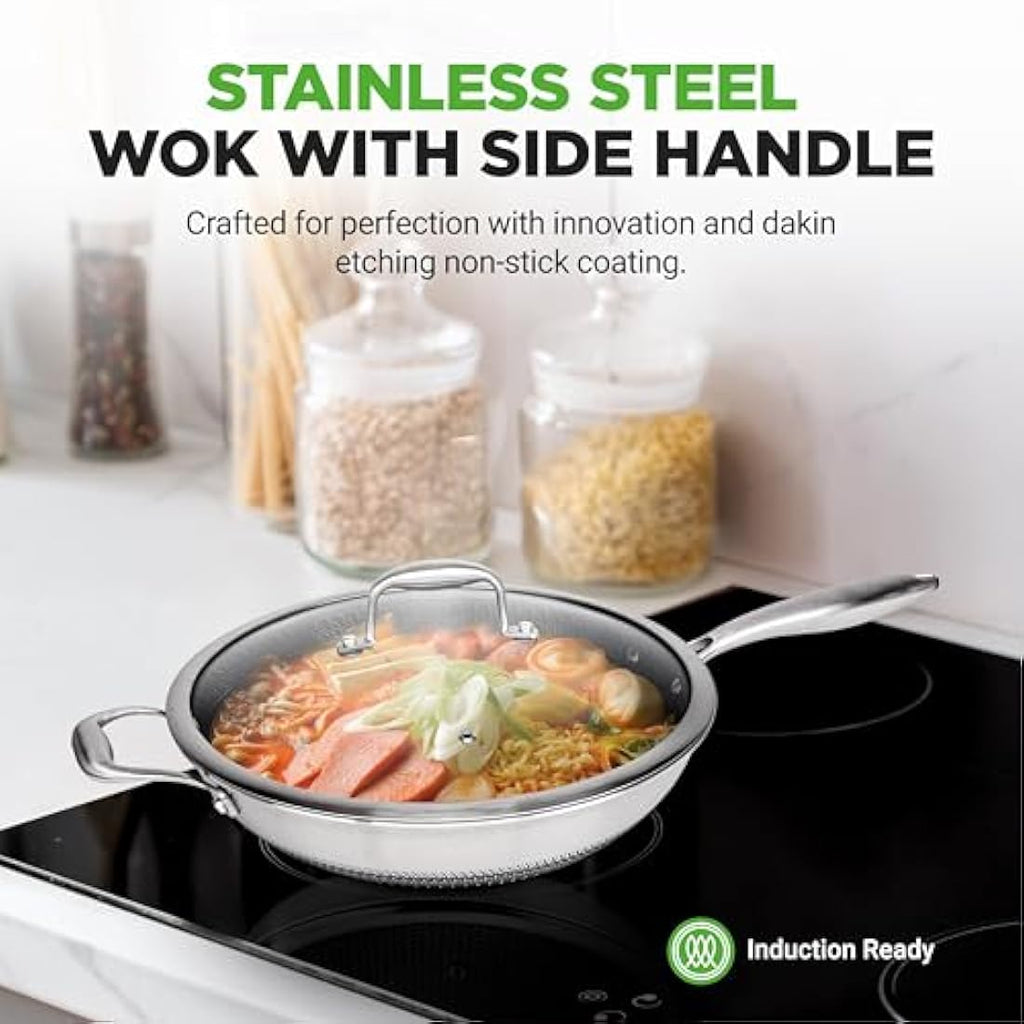 Nutrichef 12" Nonstick Wok – 30cm Stainless Steel Stir Fry Pan with Lid