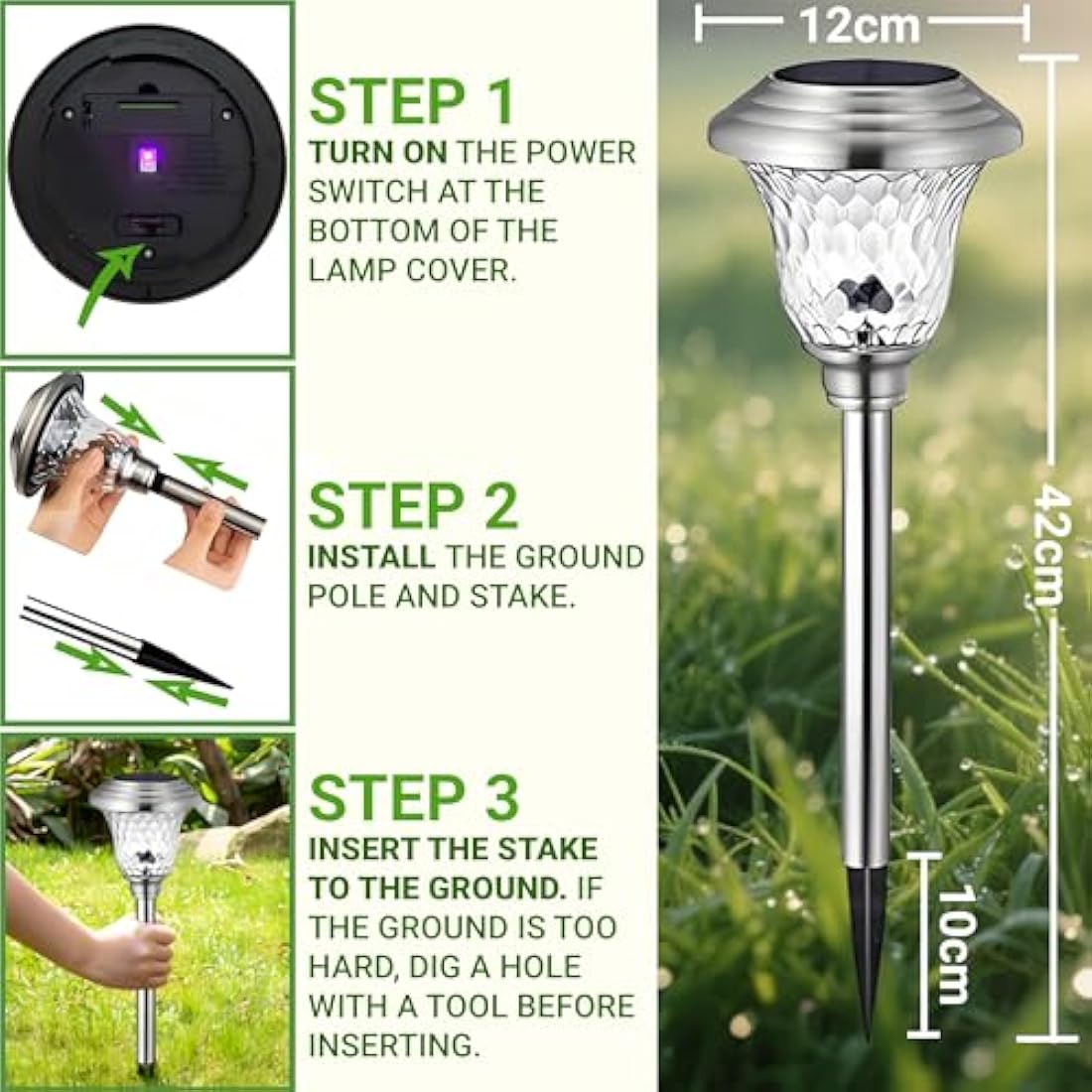 BEAU JARDIN Solar Pathway Lights | 8 Pack Waterproof Stainless Steel Glass