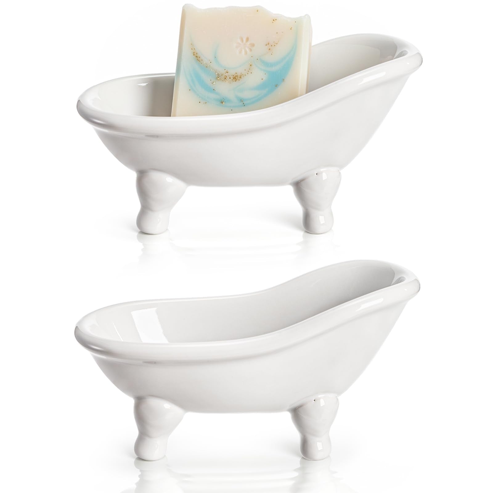 DEAYOU 2-Pack Ceramic Bathtub Soap Dish – White Porcelain Draining Holder