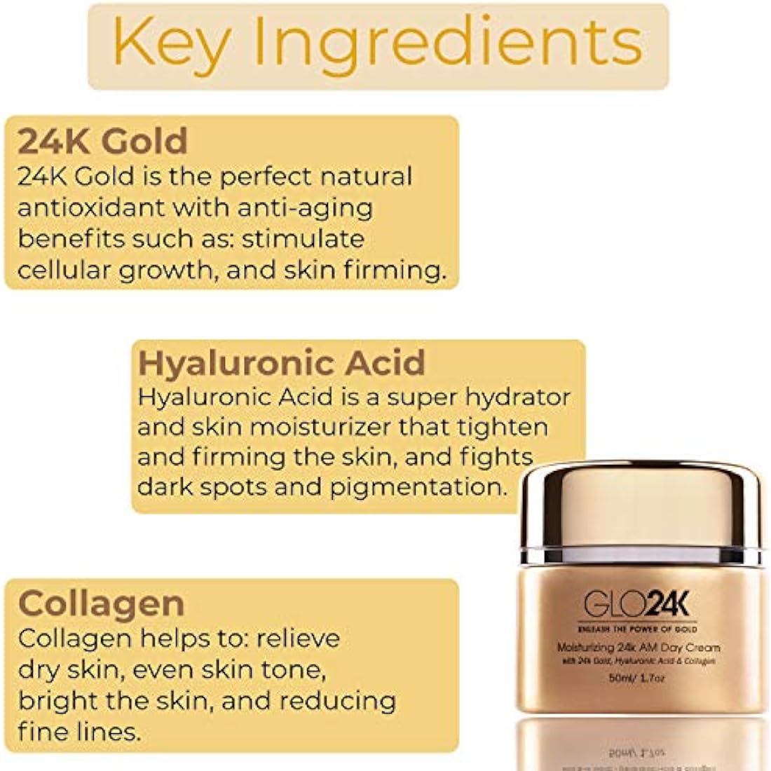 GLO24K 24k Gold Anti-Aging Day Cream with Hyaluronic Acid & Collagen