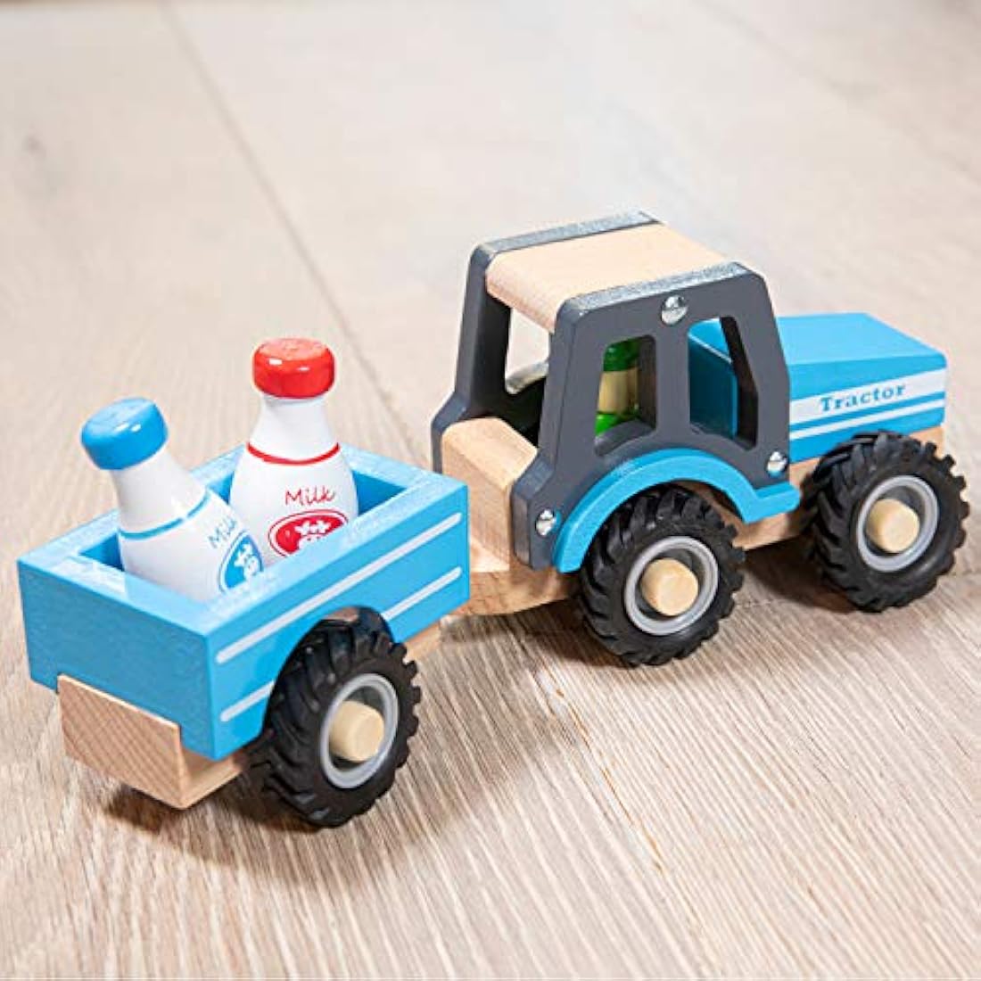 New Classic Toys Wooden Tractor with Trailer & Milk Bottles - Blue