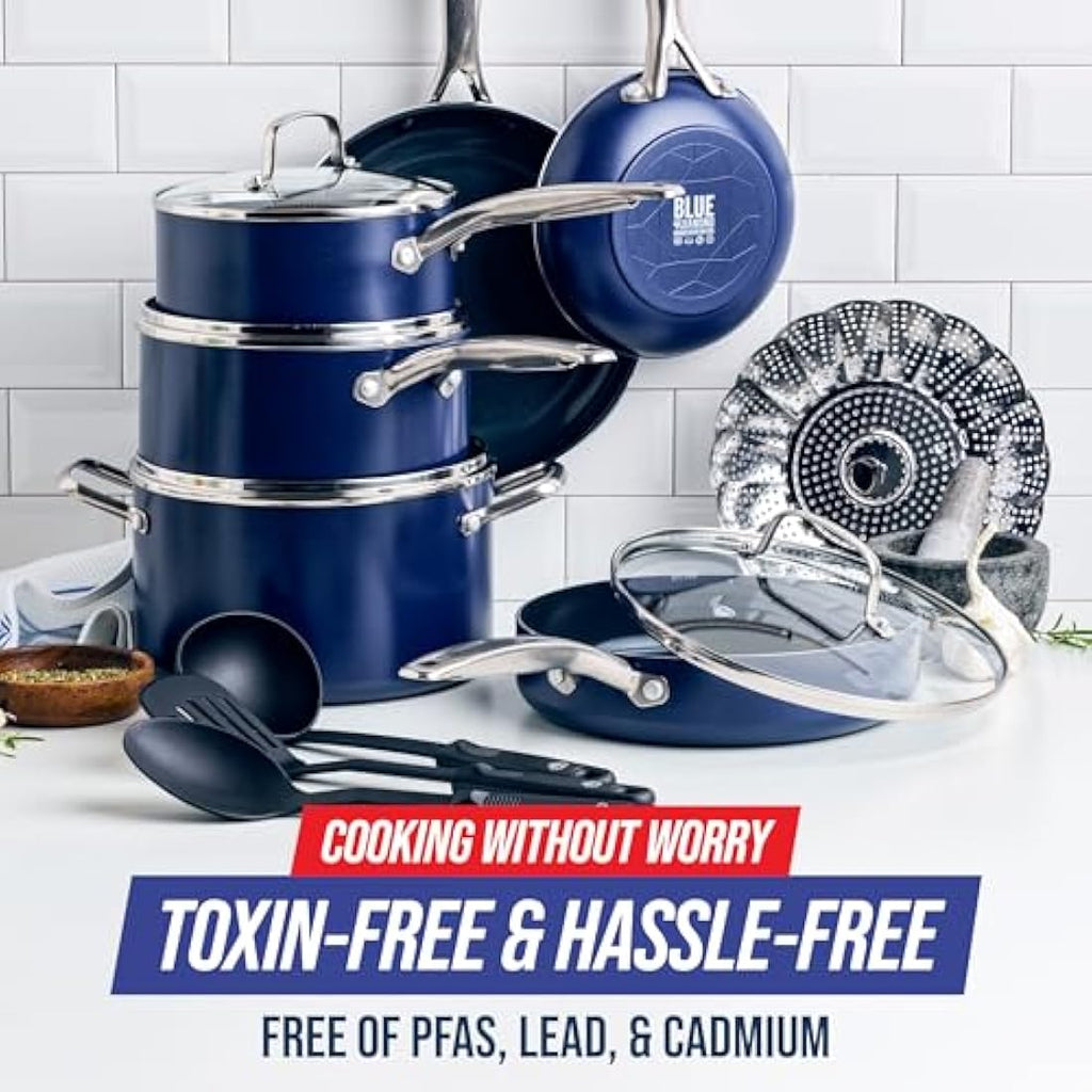 Blue Diamond 14-Piece Ceramic Nonstick Cookware Set – PFAS-Free Blue