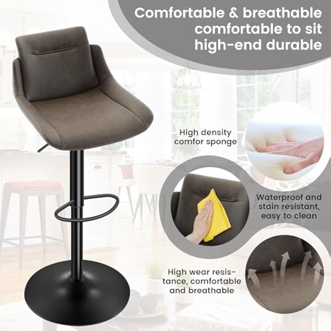 Jolof Store Bar Stools Set of 2 – Brown Swivel PU Leather Kitchen Chairs