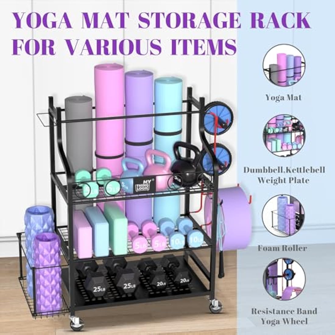 Mythinglogic Home Gym Storage Rack – Rolling Weight & Yoga Mat Organizer