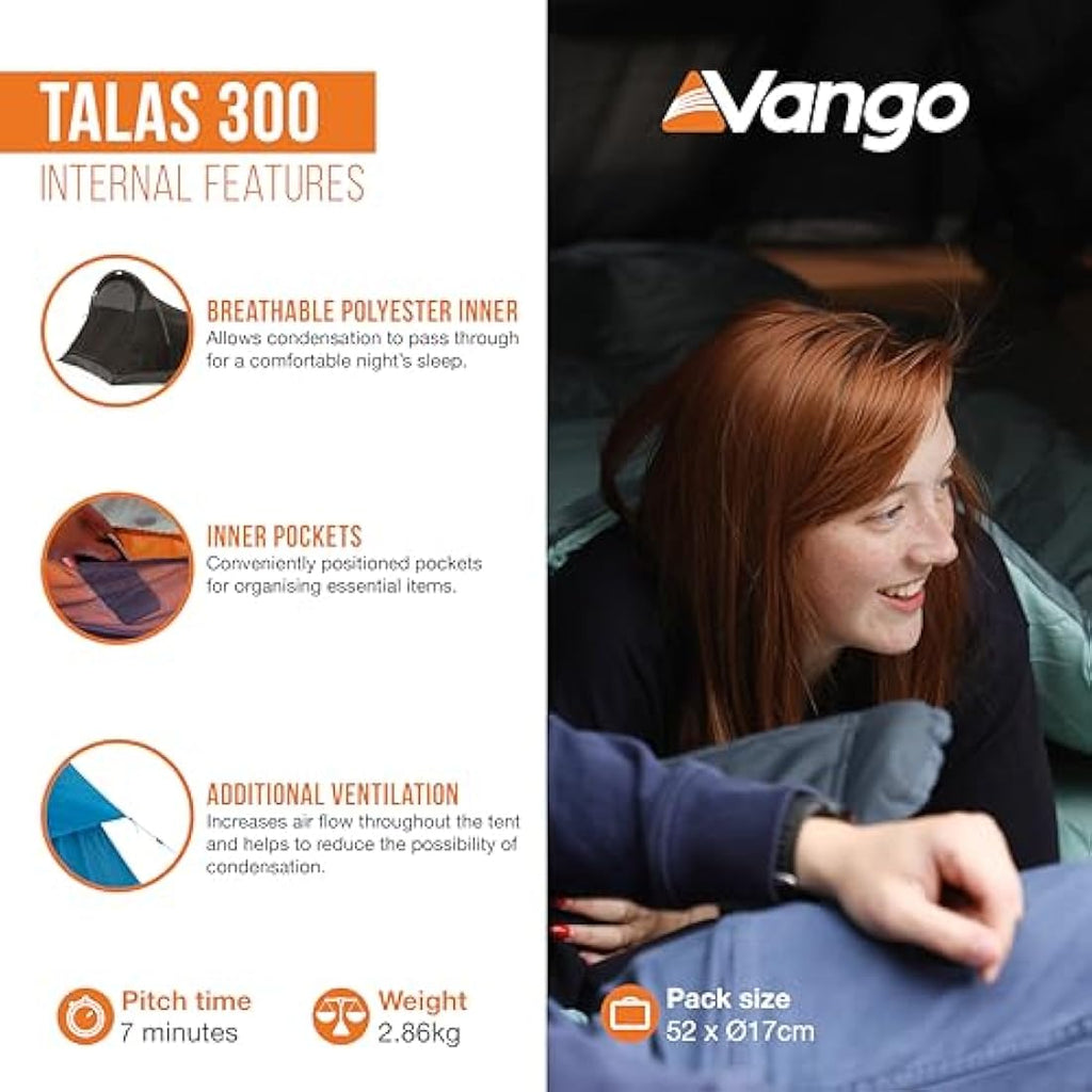 Vango Talas 300 Tunnel Tent | 3 Person Waterproof Camping Tent - Blue