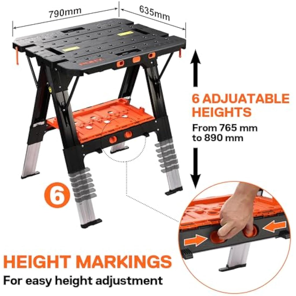 PONY 2-in-1 Folding Workbench | 454kg Sawhorse with 6 Adjustable Heights