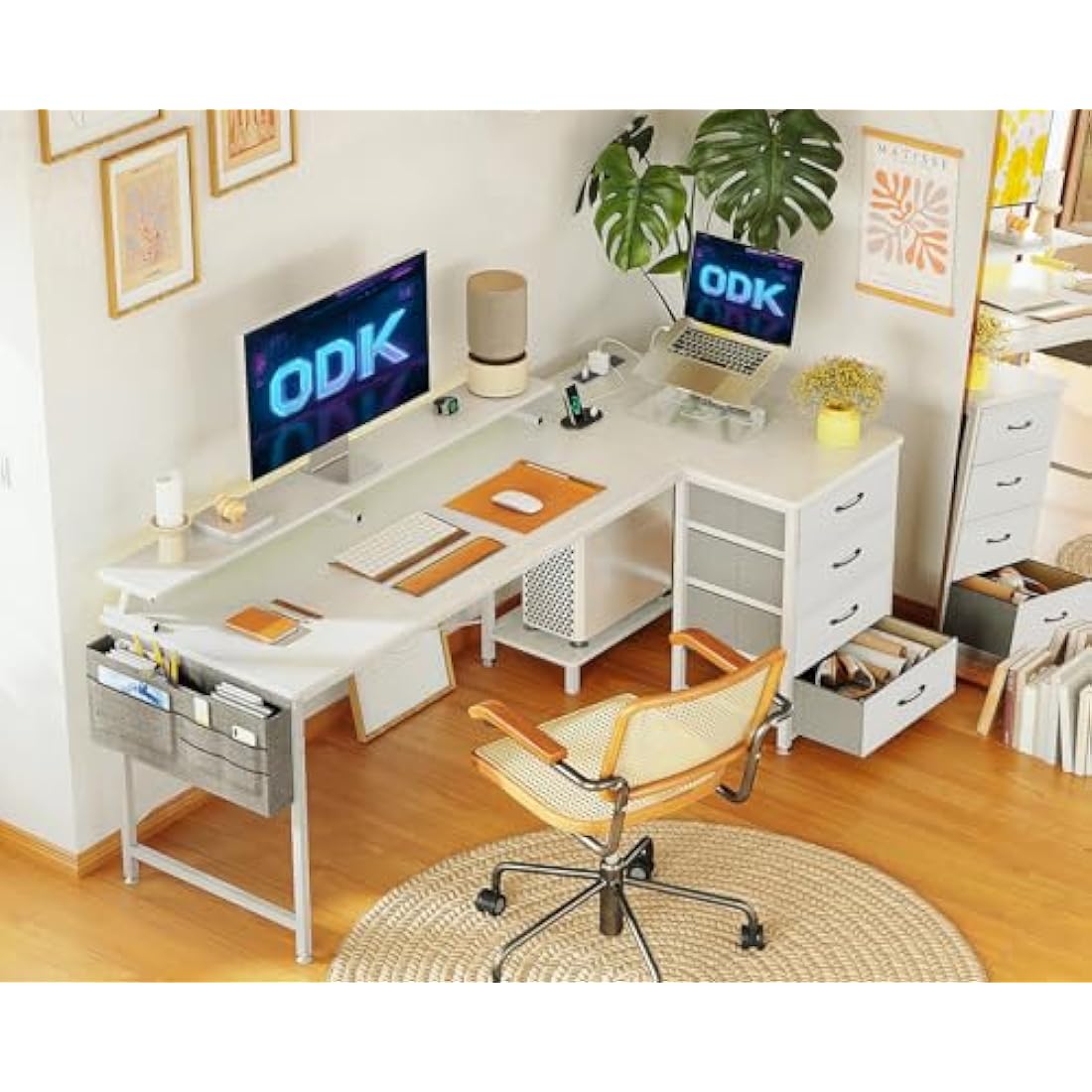 ODK L-Shaped Corner Desk with Drawers, Power Outlets & Monitor Stand - White