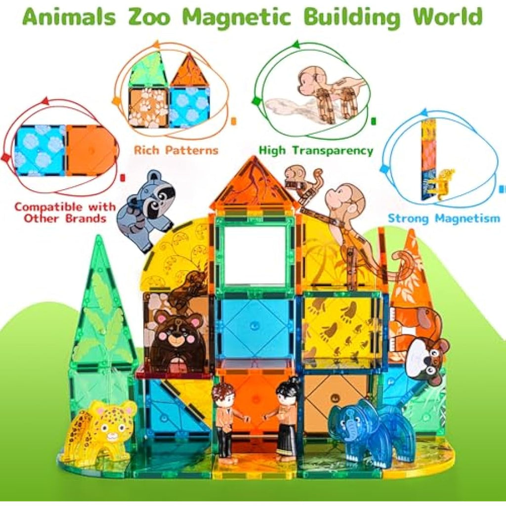 Jolof Store Magnetic Tiles Travel Set – 62pc STEM Animal Building Cubes