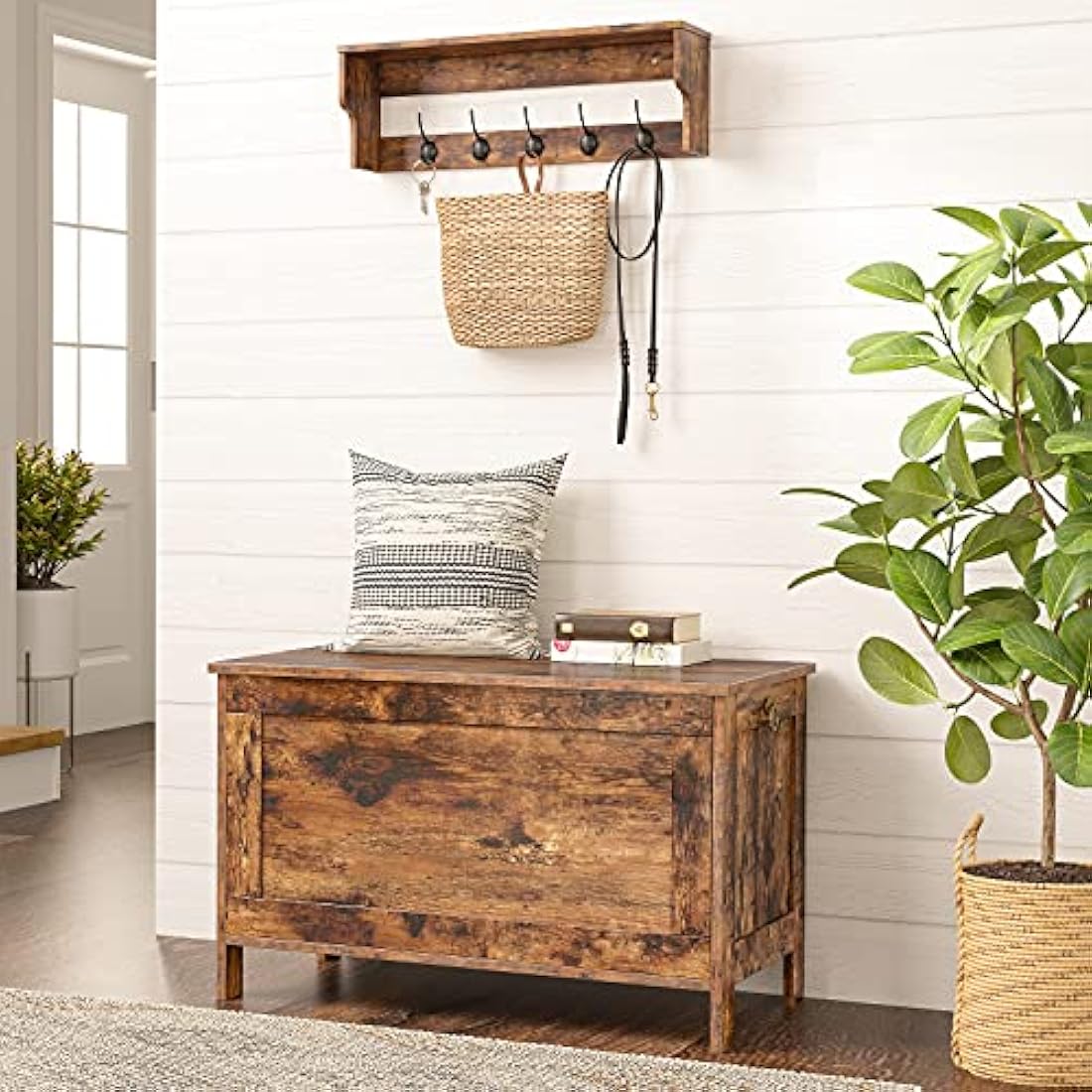 HOOBRO Rustic Brown Wooden Storage Chest – Large Toy Box & Shoe Bench