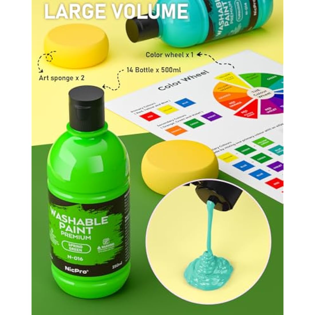 Nicpro 18 Color Washable Tempera Paint Set | 8.4oz Non-Toxic Bulk Art Supplies
