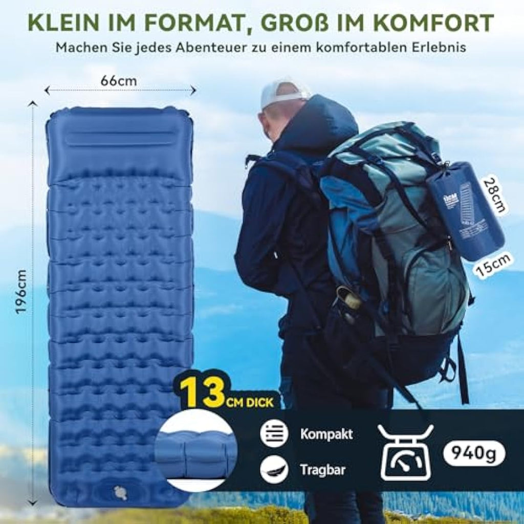 HIKENTURE Self-Inflating Sleeping Mat – 13cm Thick Ultralight Camping Pad