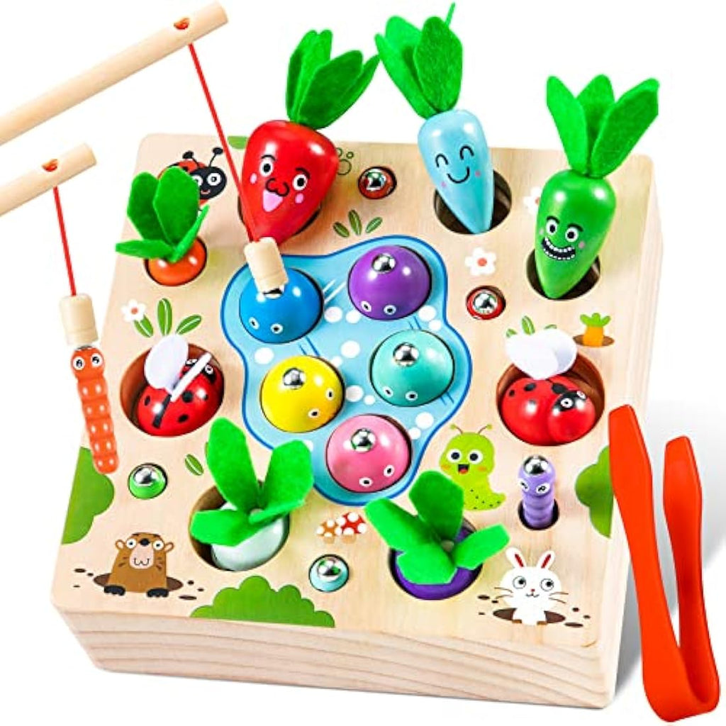 COOLJOY 4-in-1 Wooden Montessori Fishing Game and Carrot Harvest Toy