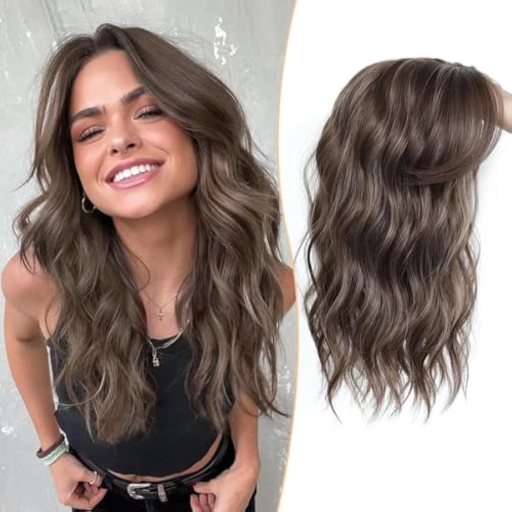 MORICHY 16" Wavy Curly Hair Topper with Fringe – Brown Highlights Clip-In