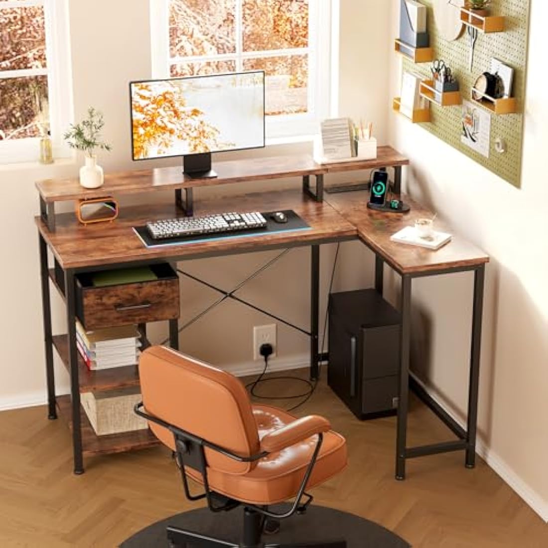 Dripex L-Shaped Computer Desk with Power Outlets, Monitor Stand & Drawer