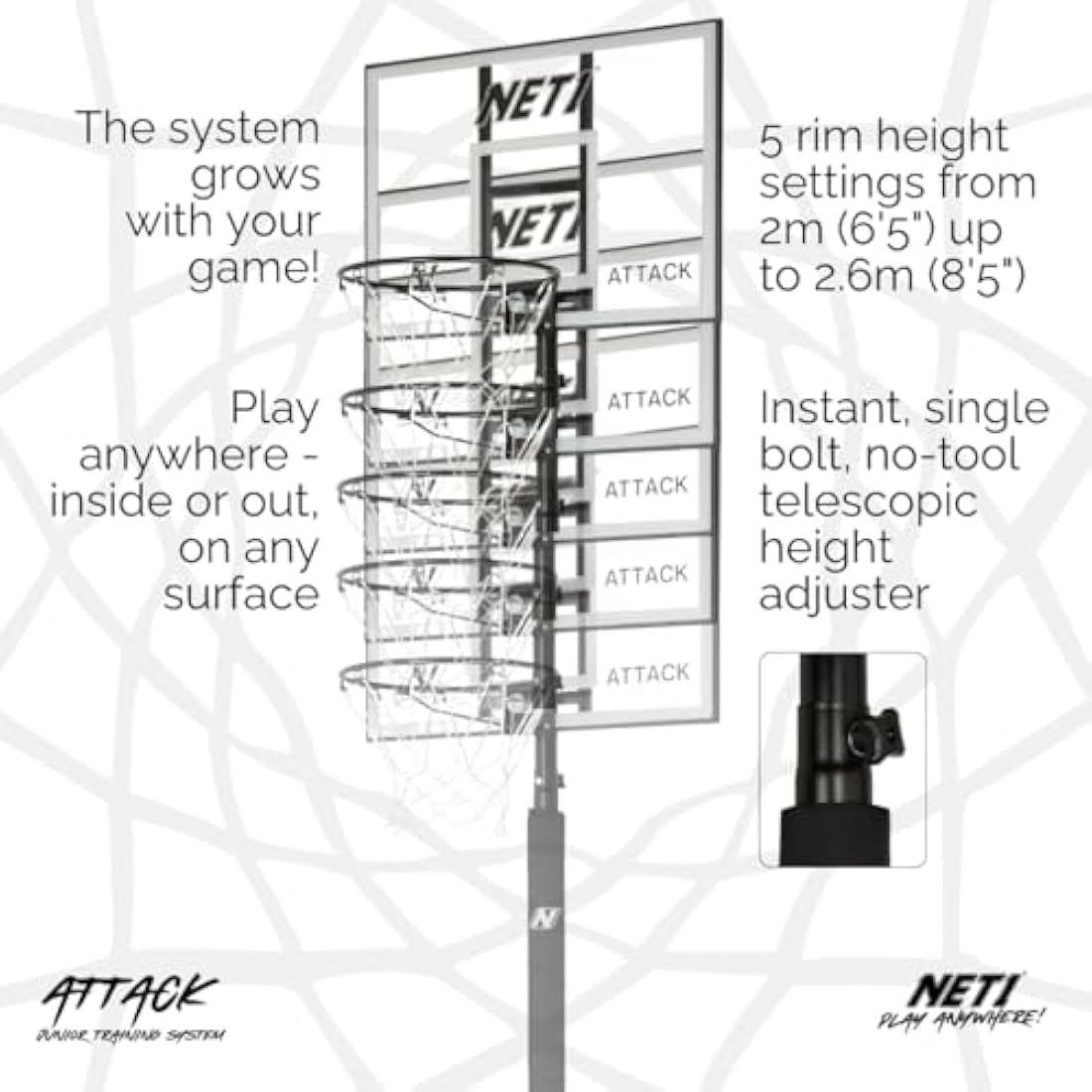 NET1 Attack Youth Portable Basketball Hoop | Adjustable 2.0m-2.6m
