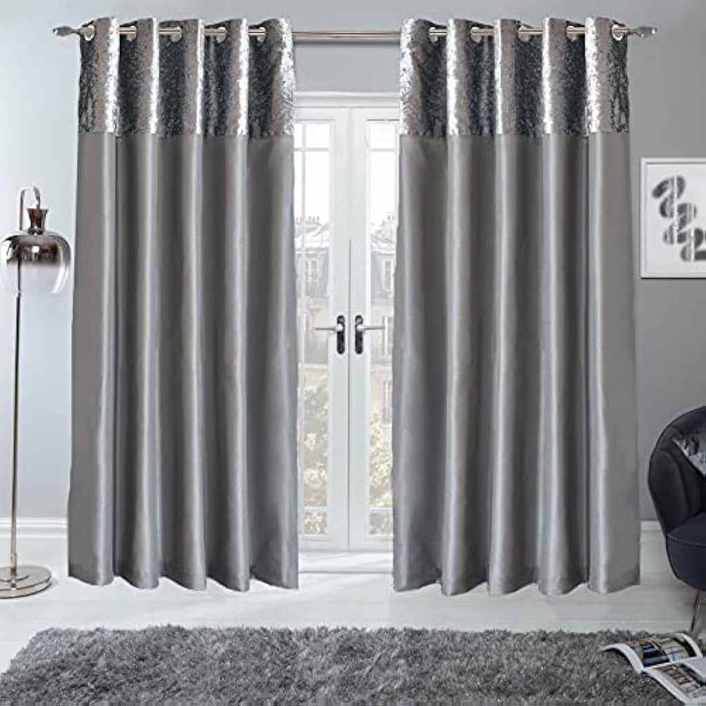 Sienna Crushed Velvet & Faux Silk Eyelet Curtains - Silver Grey, 66x90