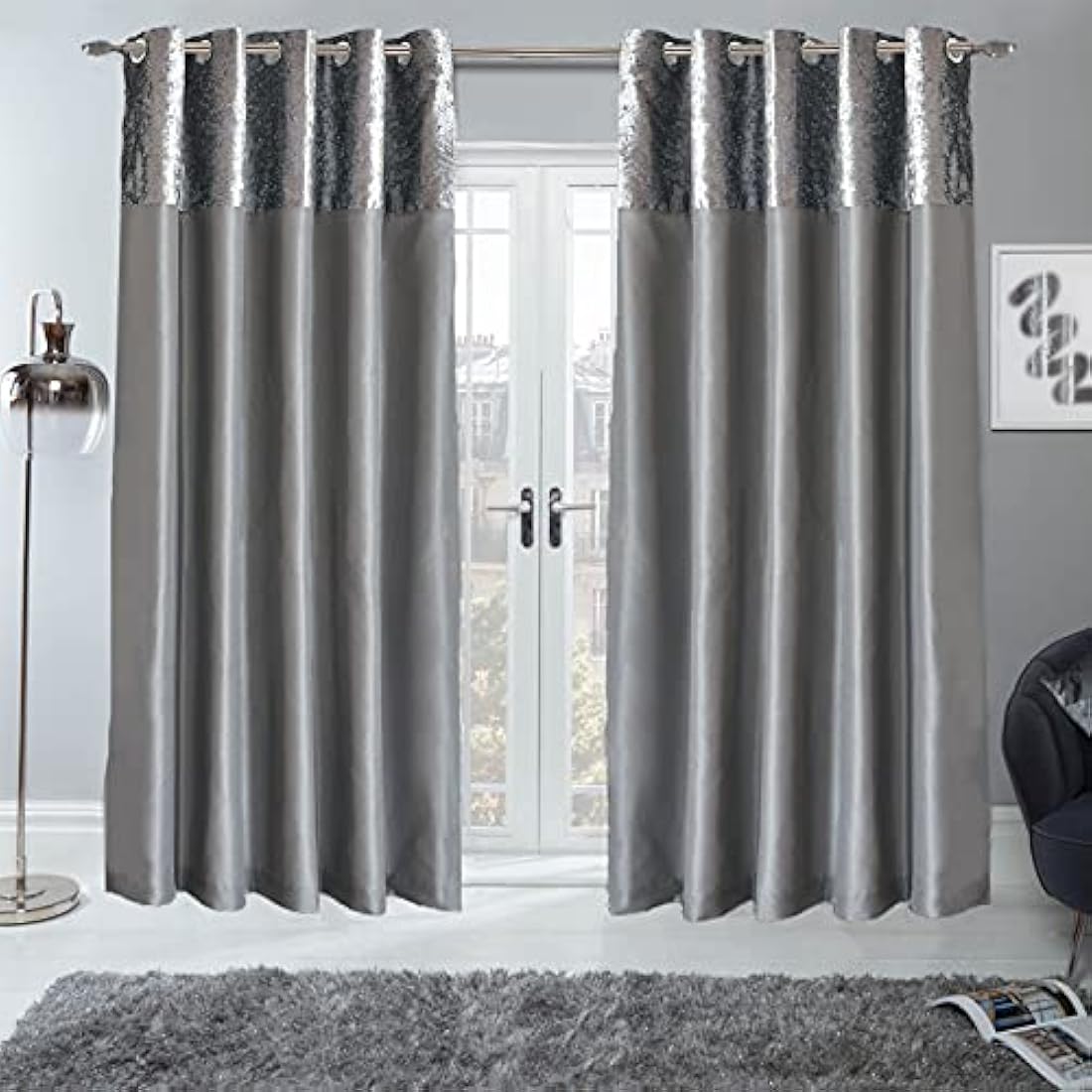 Sienna Crushed Velvet & Faux Silk Eyelet Curtains - Silver Grey, 66x90