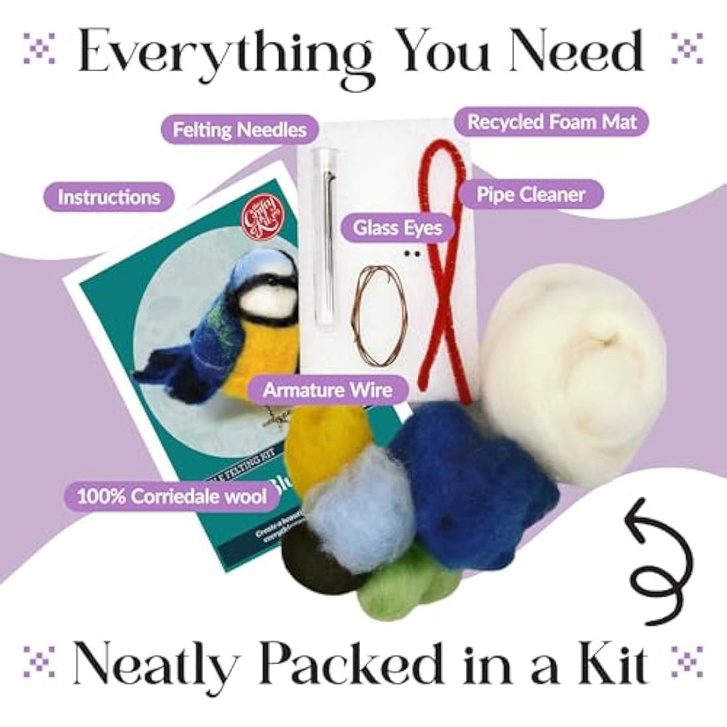 The Crafty Kit Company Blue Tit Needle Felting Kit - 100% Wool DIY