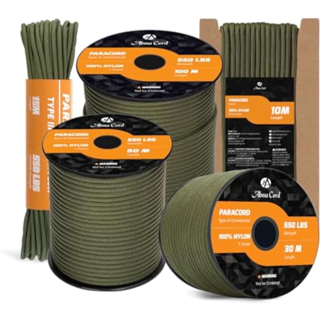 Abma Cord 550 Paracord – 100m Type III 7-Strand Nylon Rope, Army Green