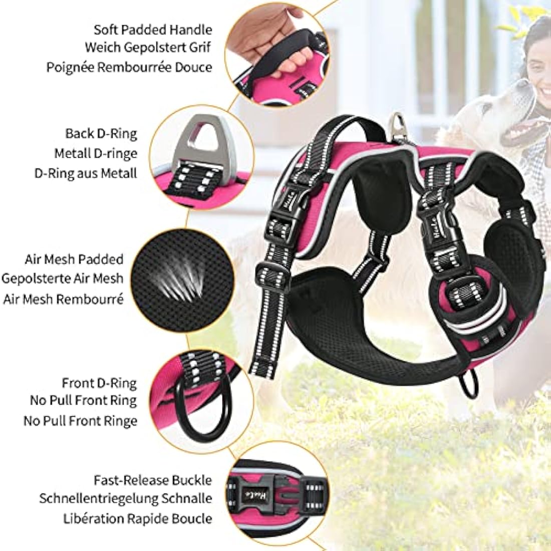 HEELE No Pull Dog Harness – Reflective Padded Oxford Vest, Fuchsia, Large