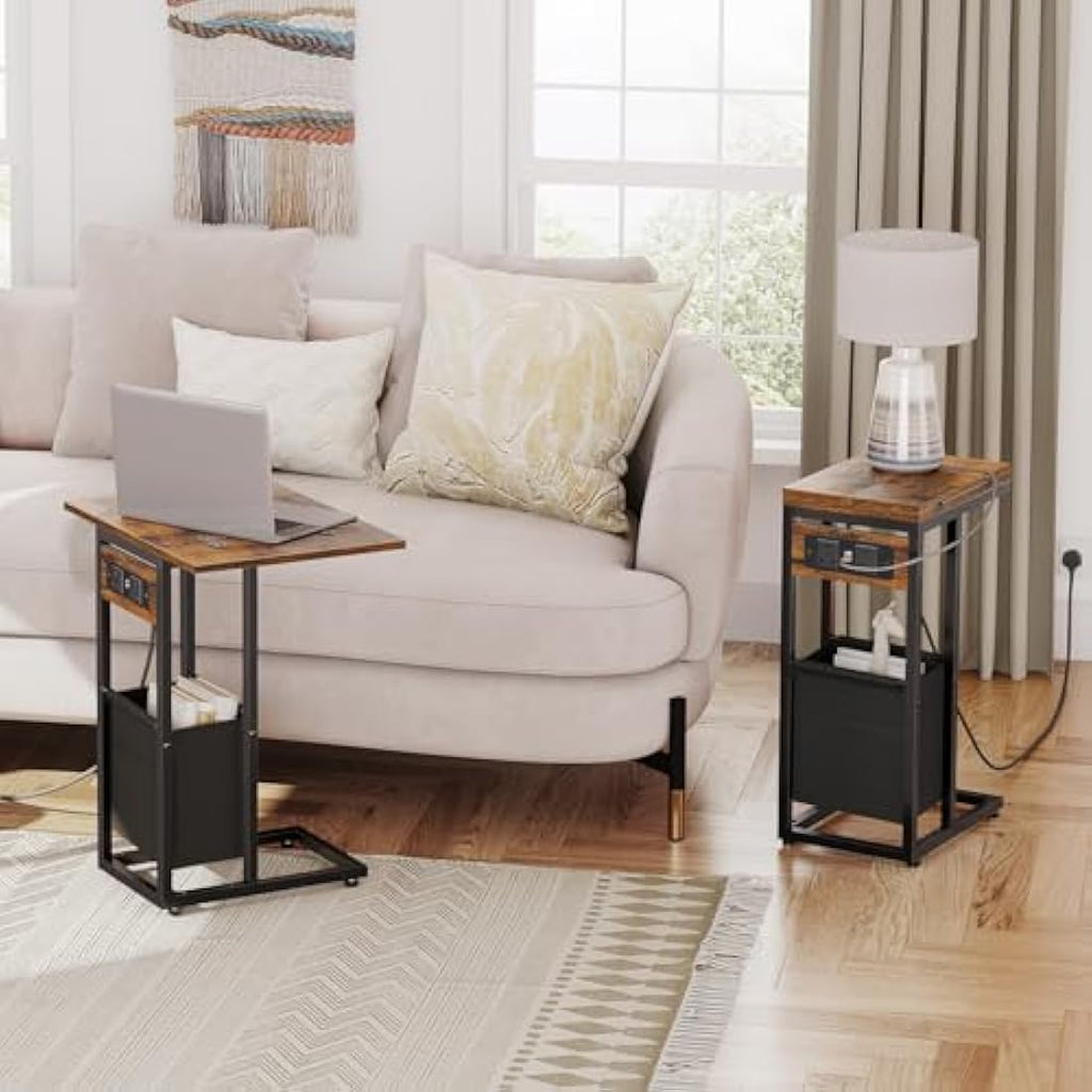 HOOBRO C Shaped Side Table with Charging Station and Foldable Top
