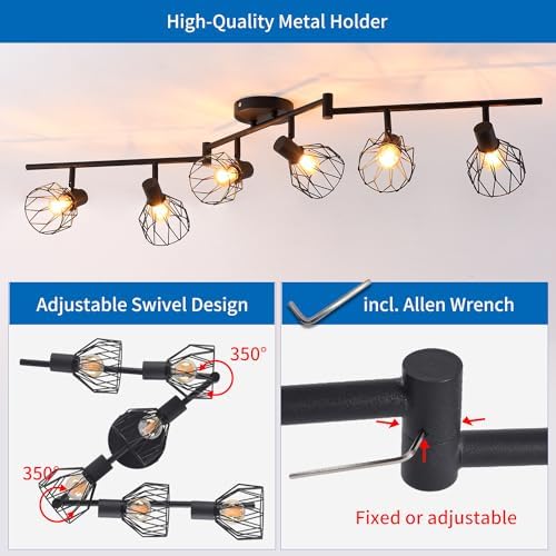 ANWIO 6-Way Industrial Ceiling Spotlights – Black Wire Cage Light