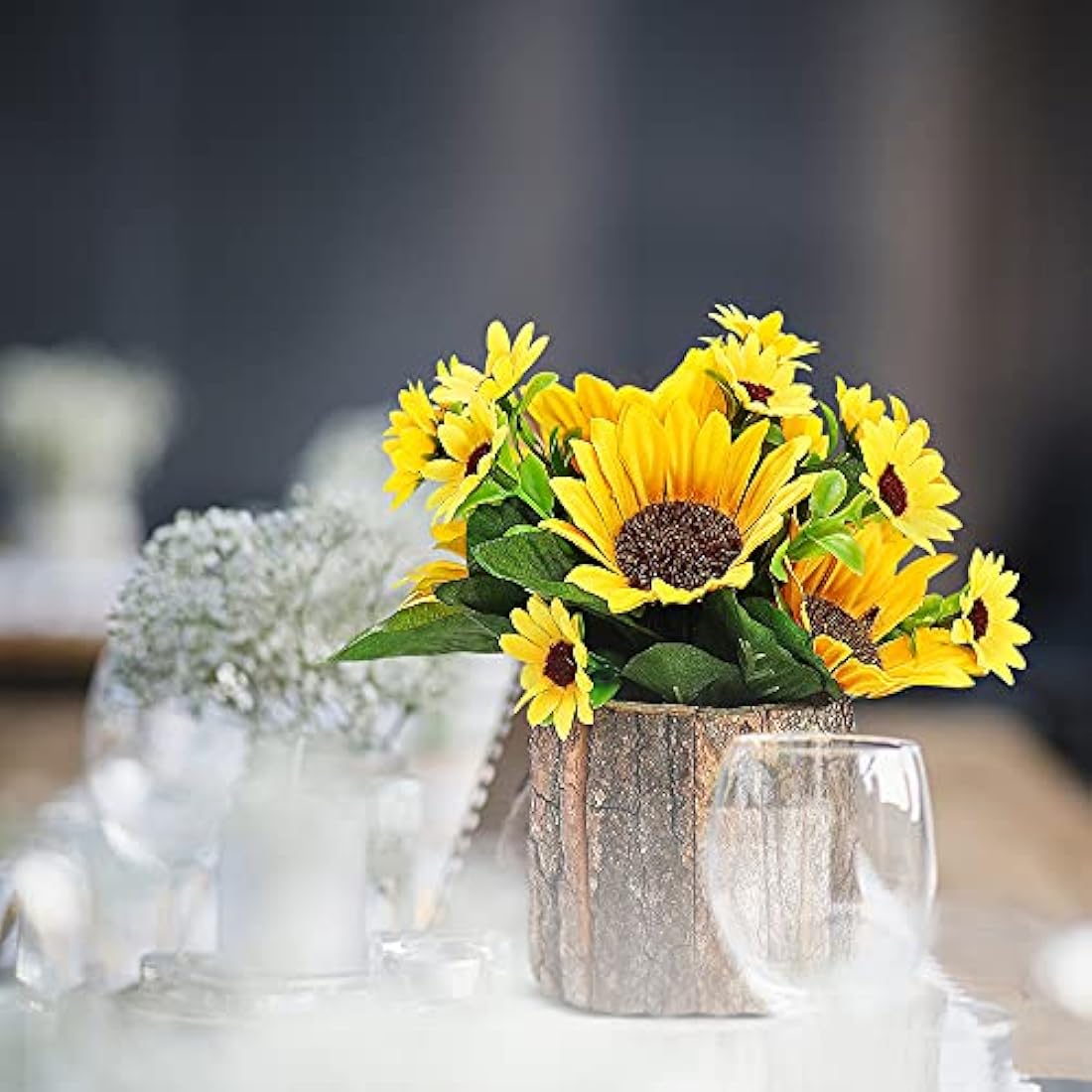 AceList Artificial Sunflowers | Potted Fake Plants with Bark Pots