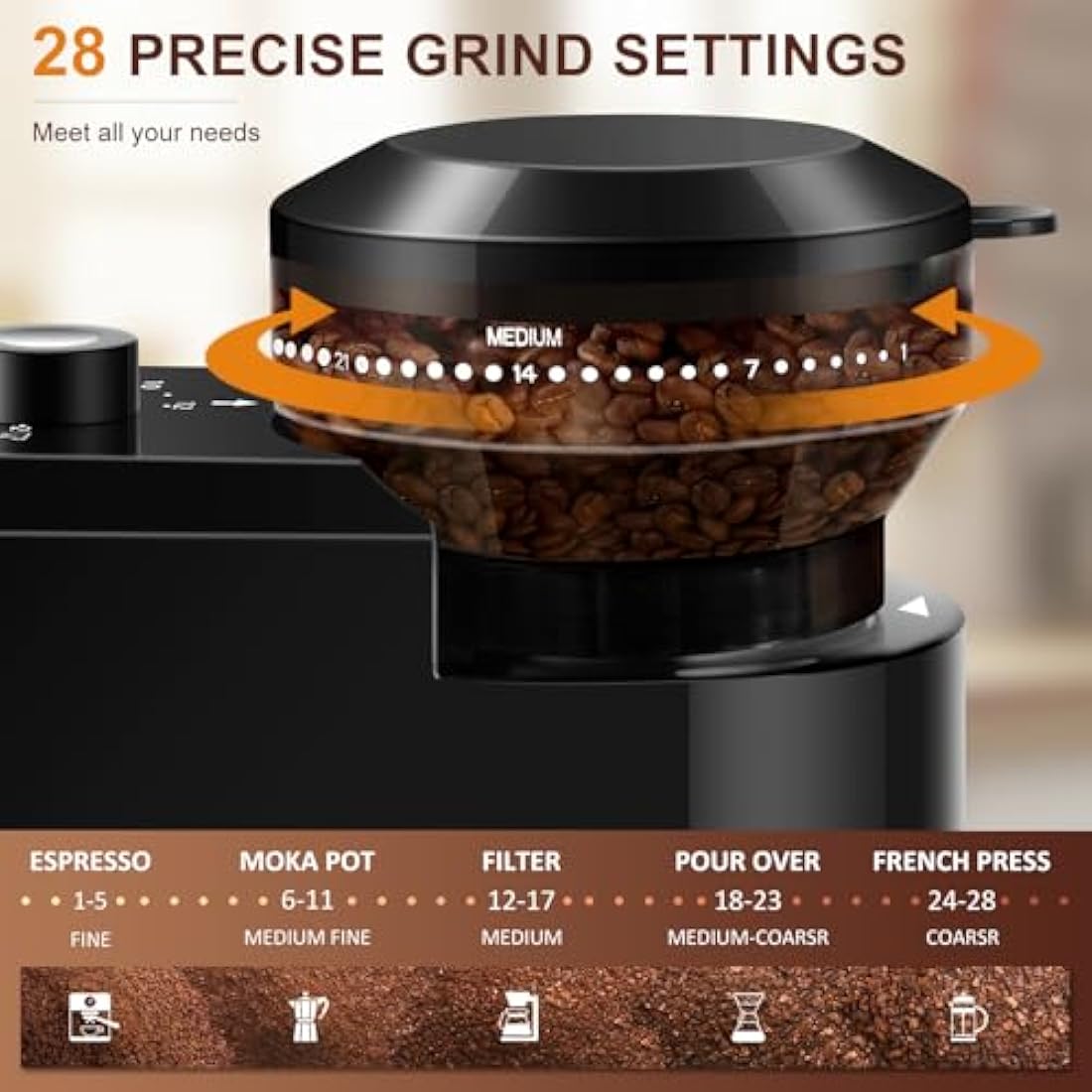 KINRAINAFLY Electric Burr Coffee Grinder | 28 Settings for Espresso