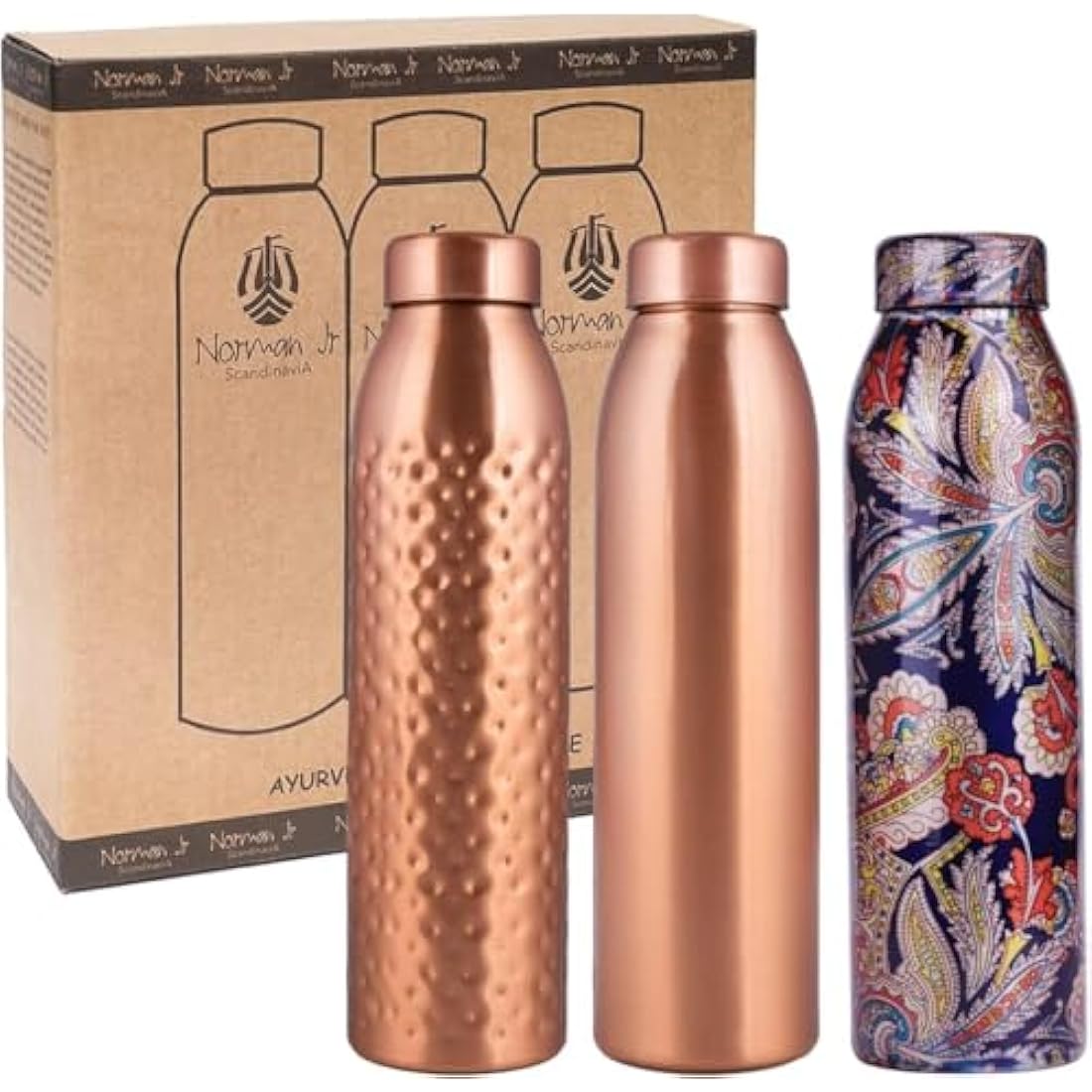 Copper Water Bottle 1L - 3 Pack Plain, Hammered & Printed