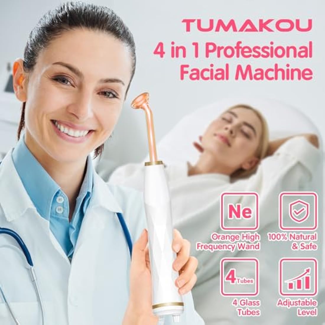 TUMAKOU High Frequency Facial Machine – Neon Skin Therapy Wand with 4 Tubes