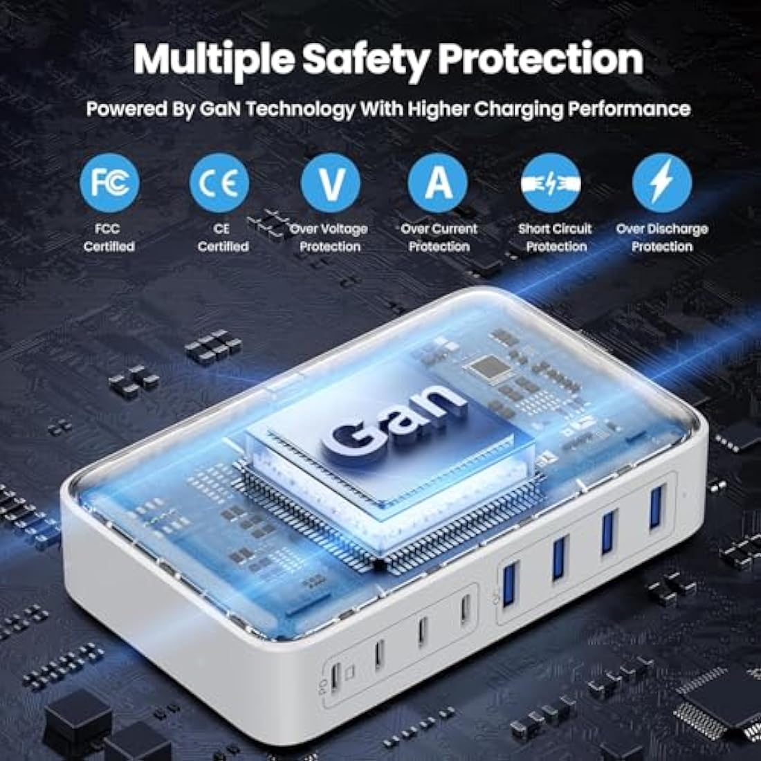 200W GaN III 8-Port USB C Fast Charger Station – White