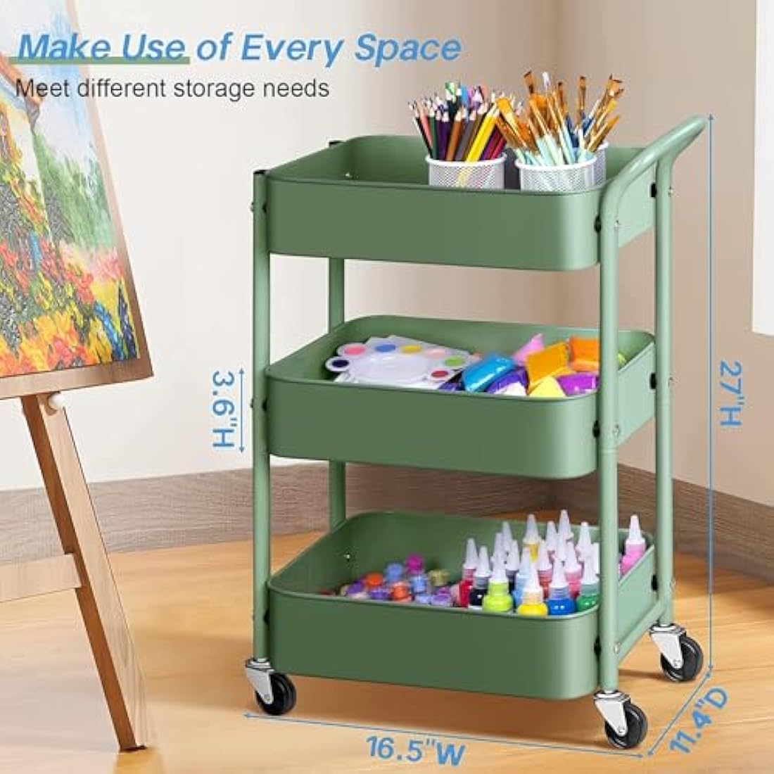 MISSLO 3-Tier Metal Rolling Utility Cart – Small Under Desk Storage, Green
