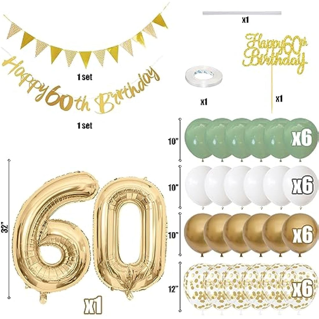 Jobkoo 60. Geburtstag Deko Set – Salbeigrüne Ballons & Banner Party Girlande