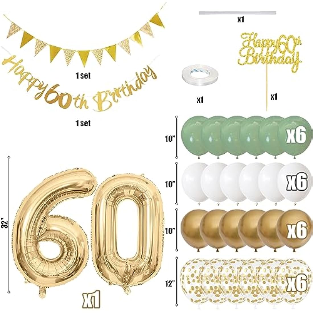 Jobkoo 60. Geburtstag Deko Set – Salbeigrüne Ballons & Banner Party Girlande