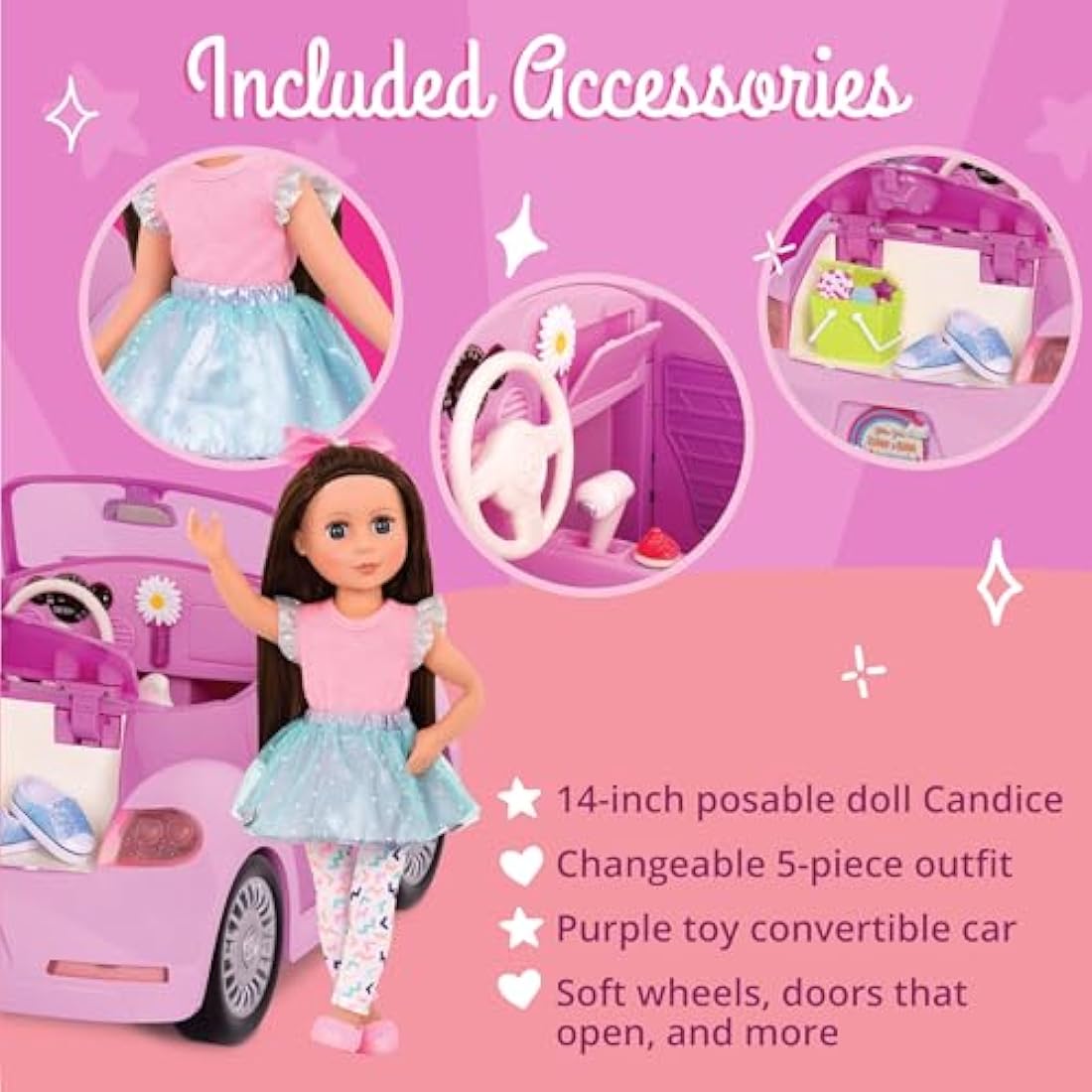 Glitter Girls Candice 14-Inch Poseable Doll & Purple Convertible Car