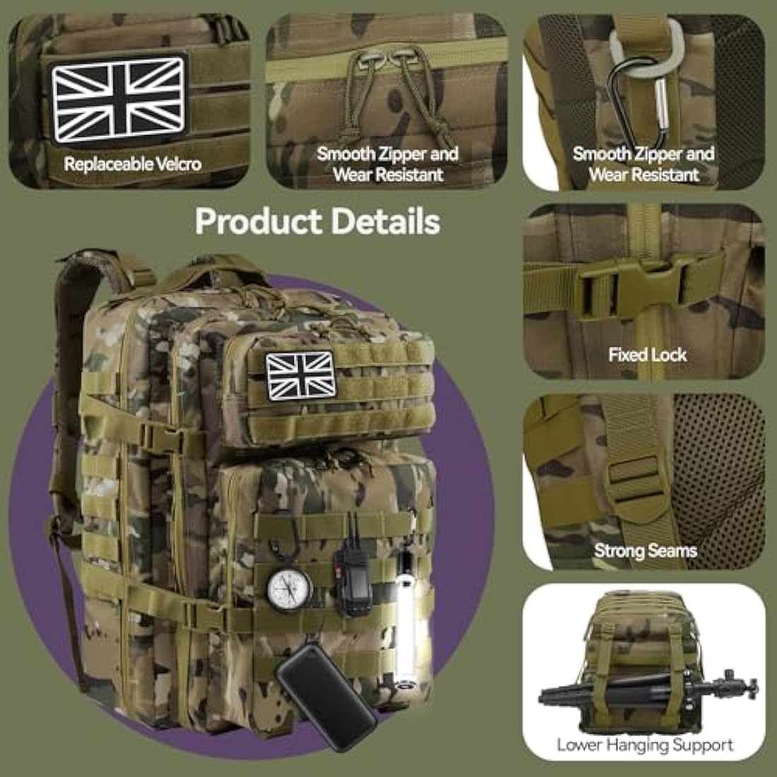 Delgeo 45L Military Tactical Backpack – Waterproof MOLLE Assault Pack
