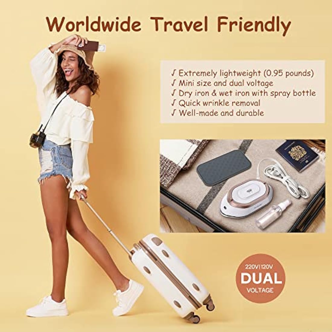 Newbealer Mini Travel Iron – Dual Voltage Compact Iron for Sewing, Gold