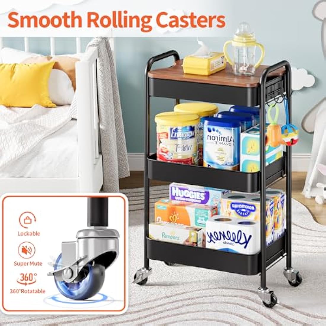 KINGRACK 3-Tier Metal Rolling Storage Trolley with Wooden Worktop