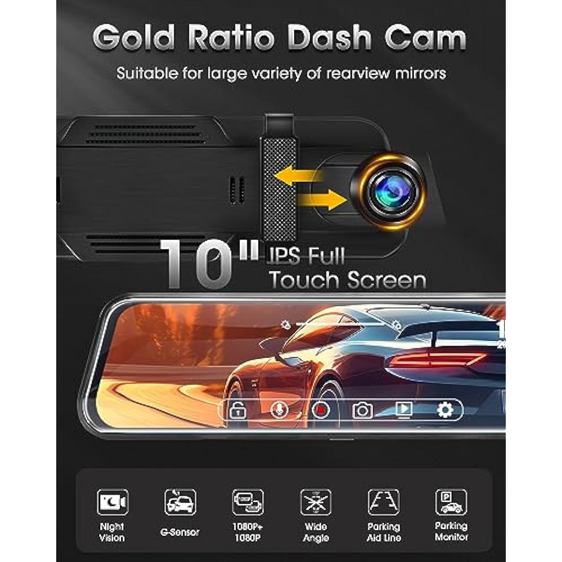 Jansite 10 Inch Mirror Dash Cam | 1080P Dual Front and Rear Night Vision