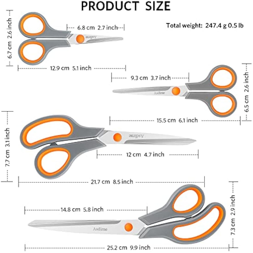 Asdirne Stainless Steel Scissors | 4-Piece Multi-Size Set with Soft Grip