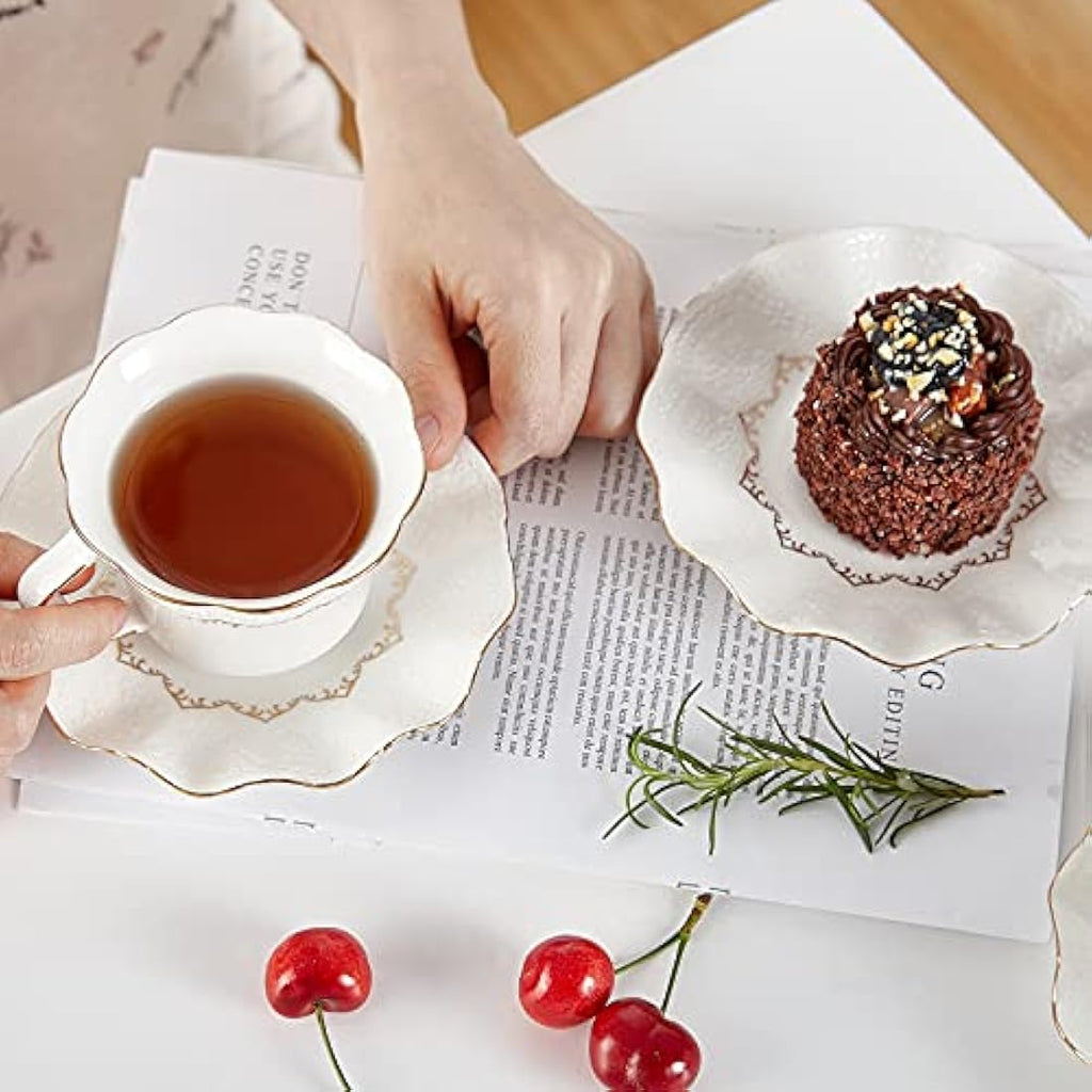 DUJUST Luxury Porcelain Tea Cups and Saucers Set of 6 with Metal Stand – White